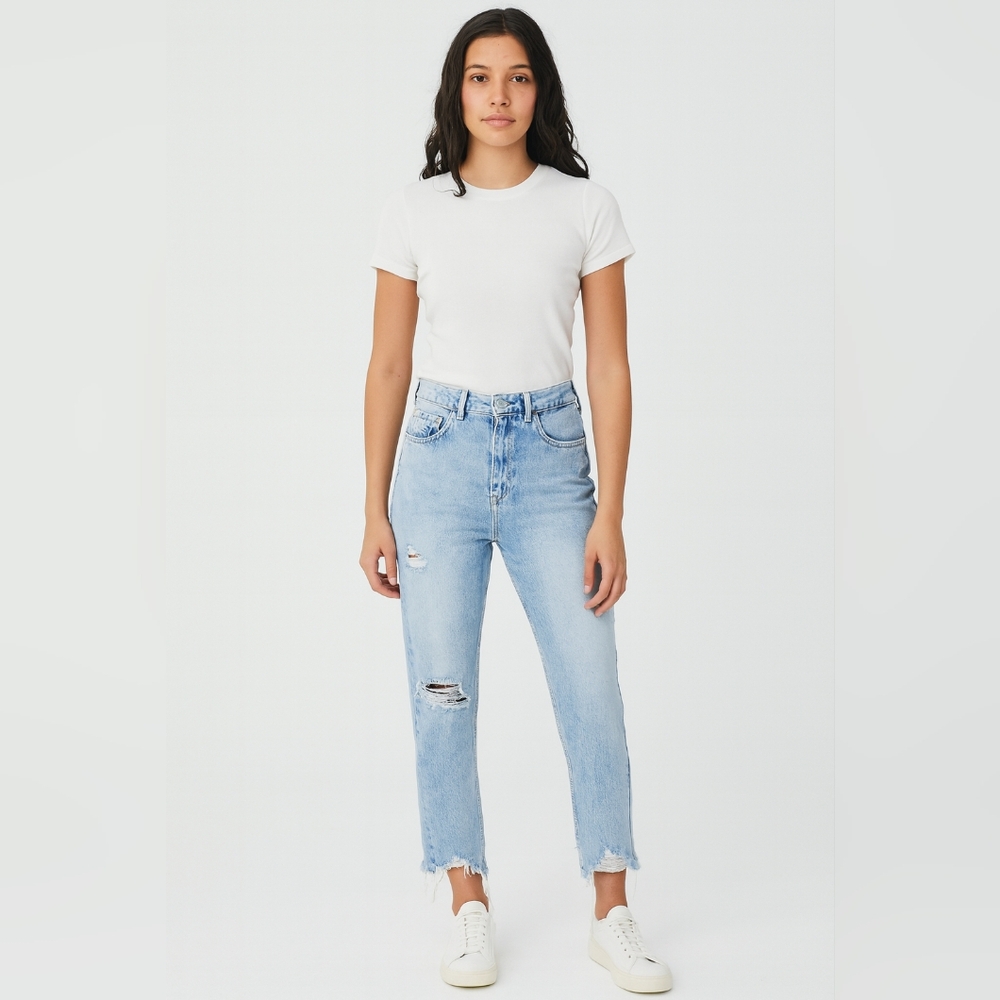 Zara High Rise Distressed Light Wash Straight Leg Jeans Vintage Style